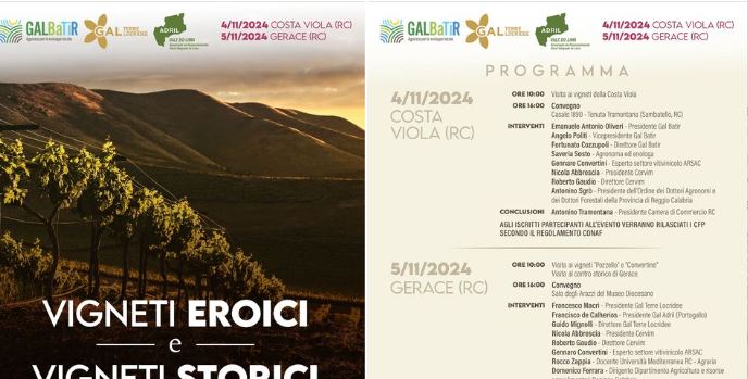 Promozione dei vini eroici calabresi, prende il via oggi, 4 novembre, un programma denso di appuntamenti in Costa Viola e a Gerace